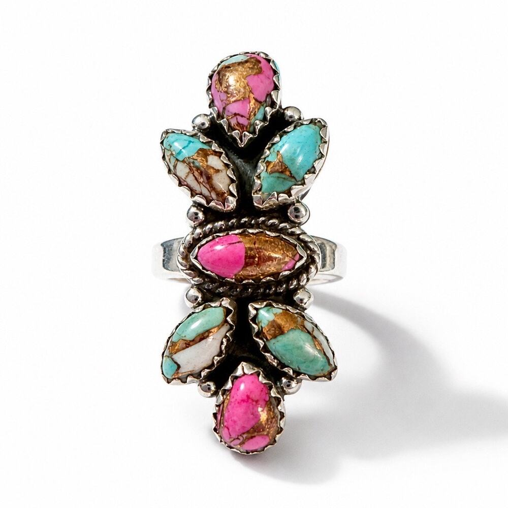Cotton Candy Cluster Long Ring Sterling Size 7 Adjustable